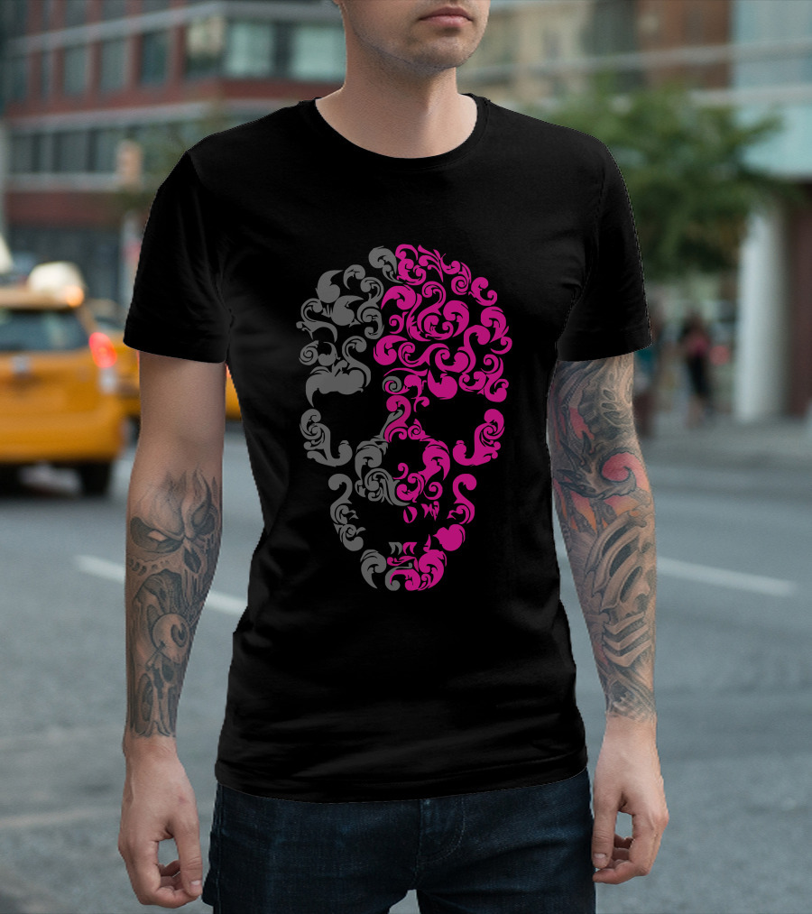 Intricate Pink And Grey Skull T-Shirt