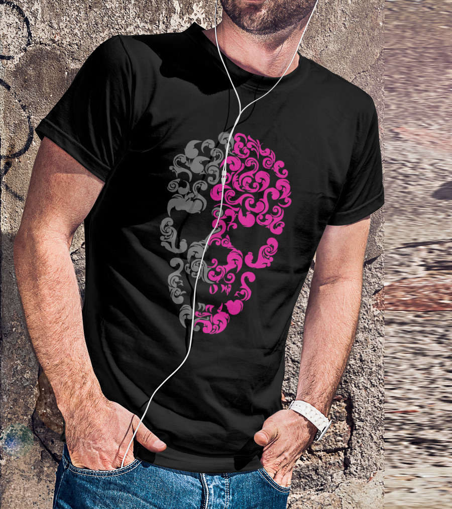 Intricate Pink And Grey Skull T-Shirt