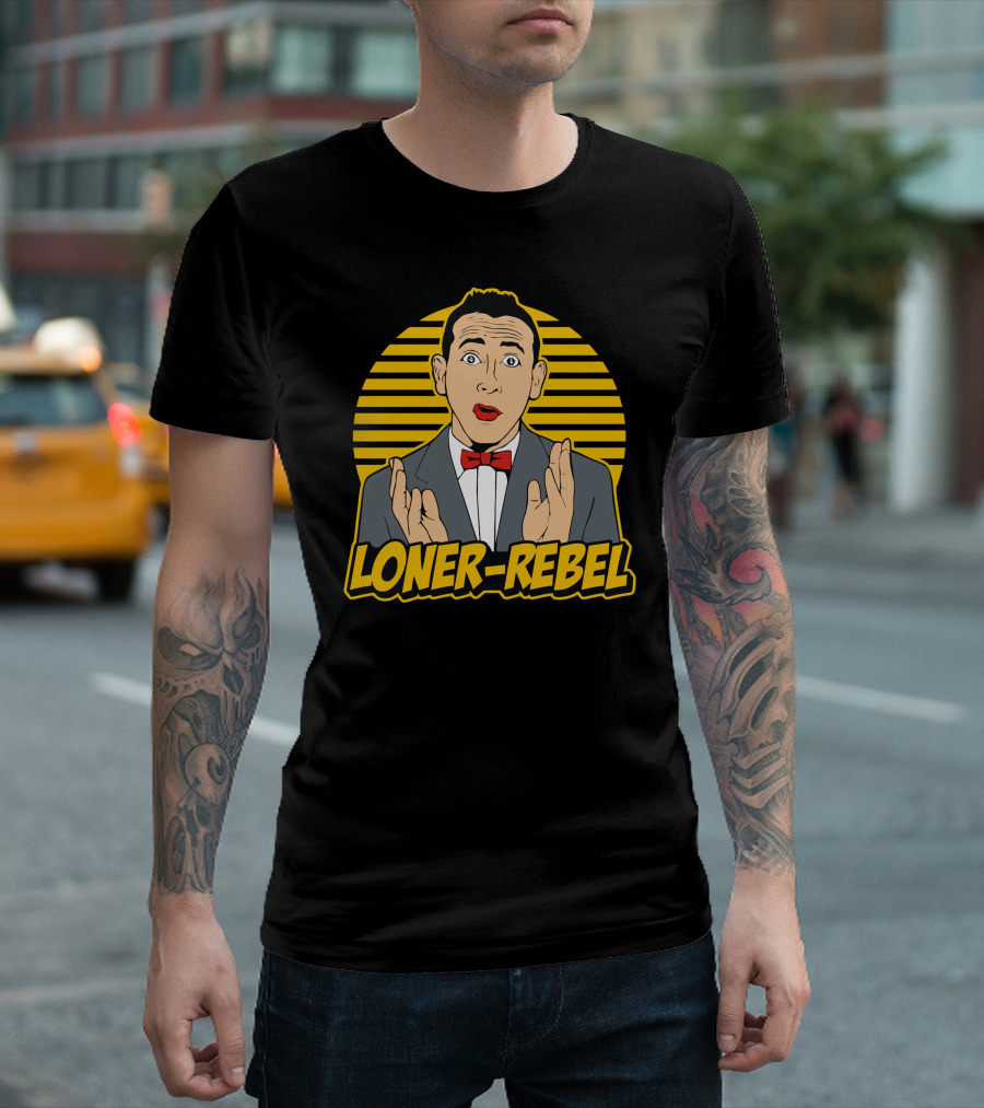 Loner Rebel Comic Style Character With Red Bow Tie Retro Stripes T-Shirt