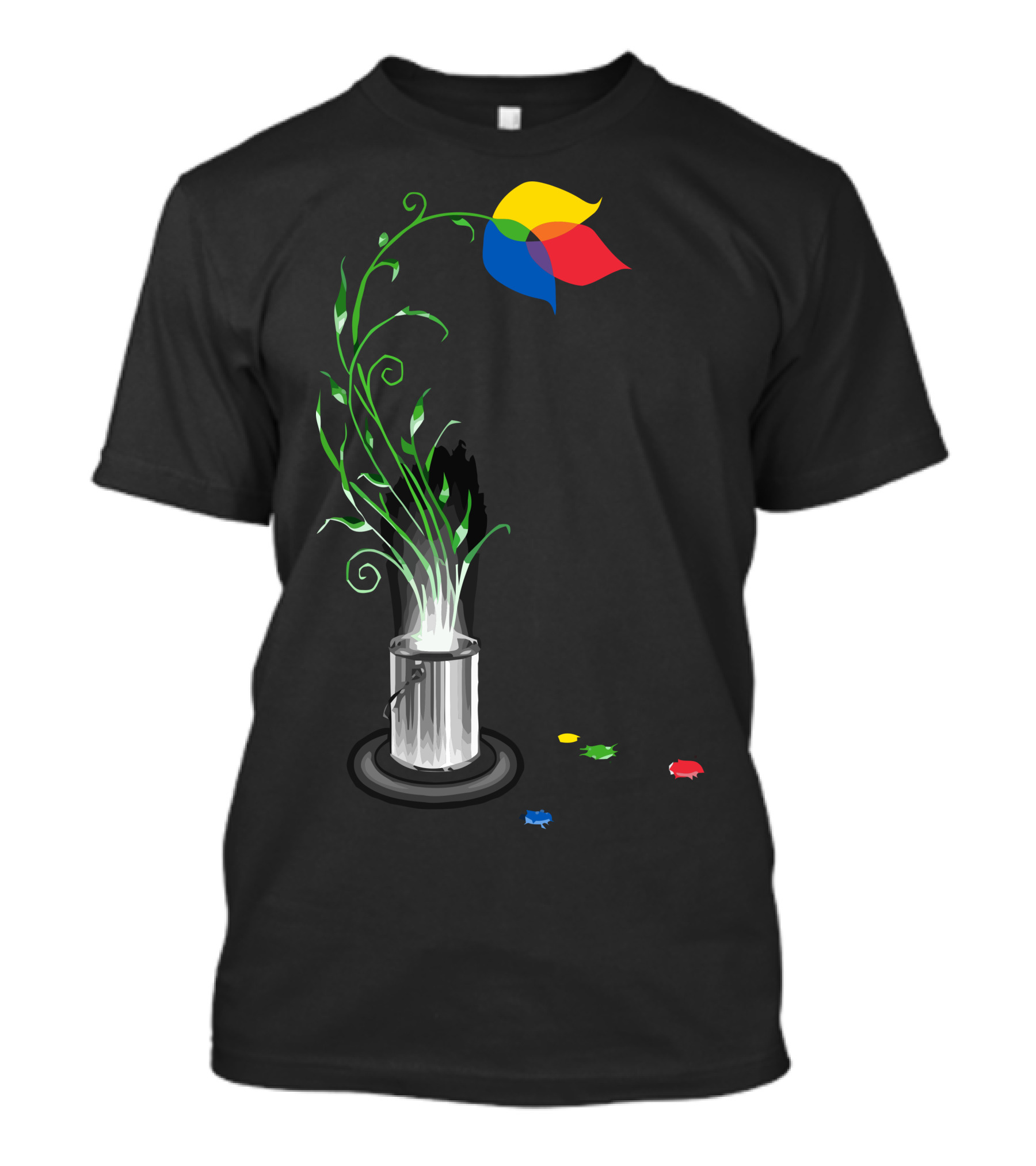 Artistic Growth Blooming From Paint Can With Multicolor Flower And Green Stems T-Shirt