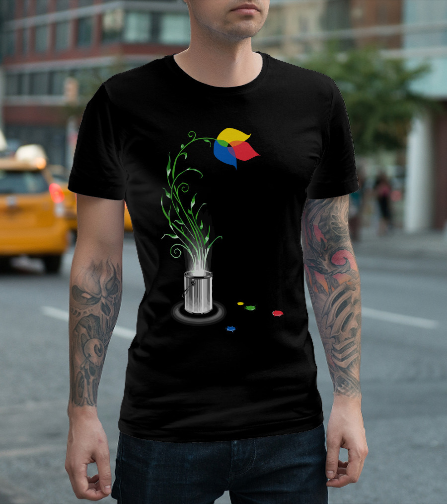 Artistic Growth Blooming From Paint Can With Multicolor Flower And Green Stems T-Shirt