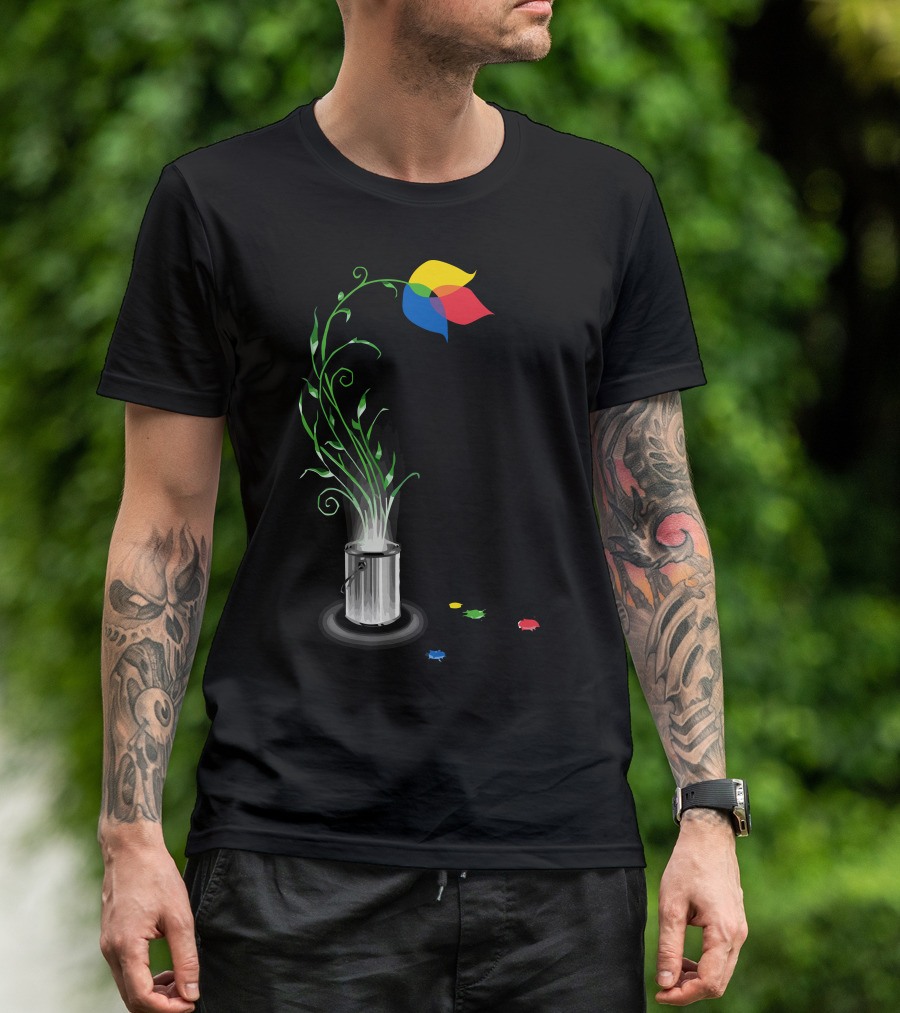 Artistic Growth Blooming From Paint Can With Multicolor Flower And Green Stems T-Shirt