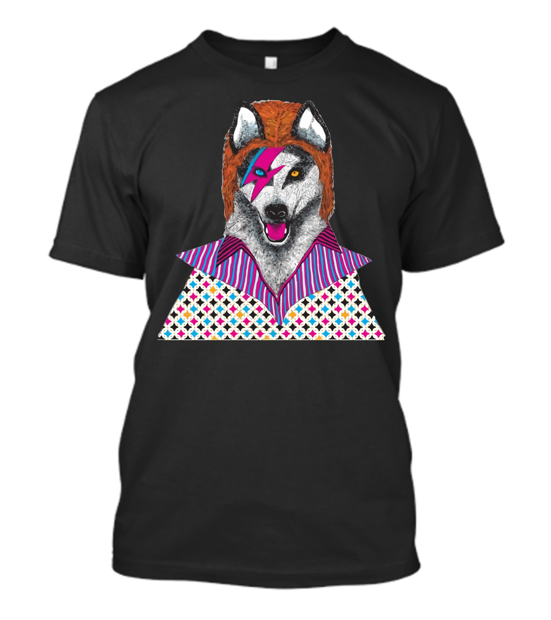 Ziggy Stardog Glam Rock Canine Portrait With Lightning Bolt And Patterned T-Shirt