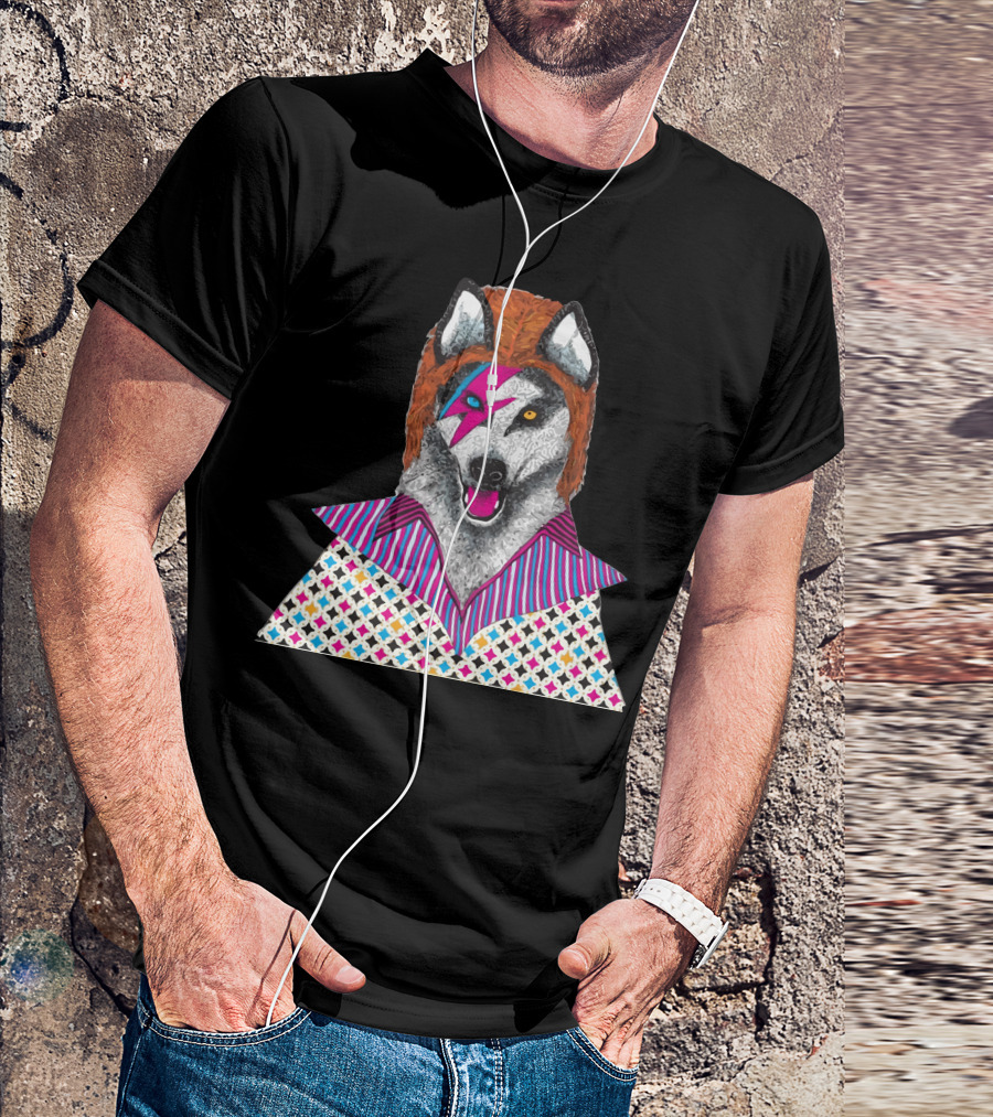 Ziggy Stardog Glam Rock Canine Portrait With Lightning Bolt And Patterned T-Shirt