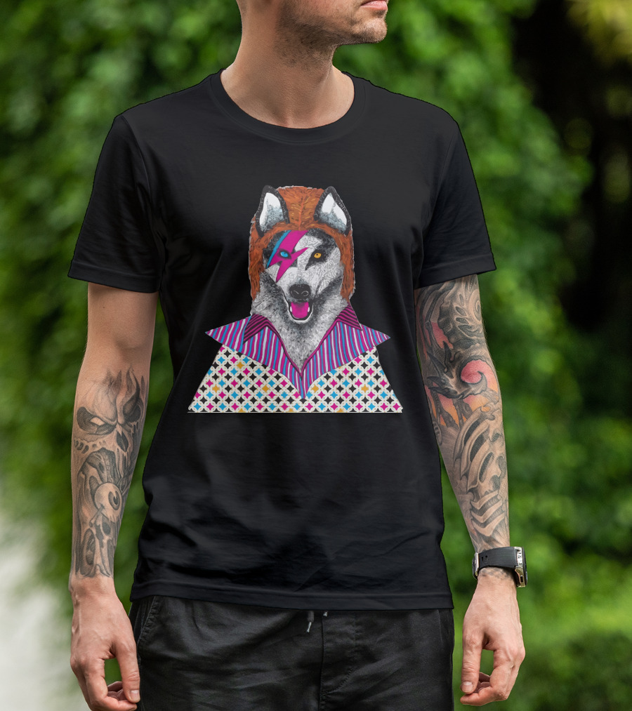 Ziggy Stardog Glam Rock Canine Portrait With Lightning Bolt And Patterned T-Shirt