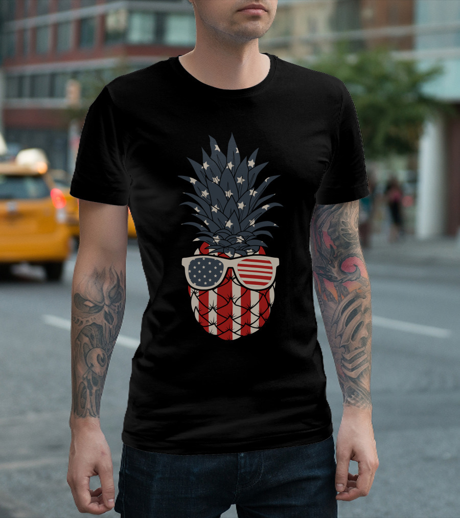 American Flag Pineapple with Stars and Stripes Sunglasses T-Shirt