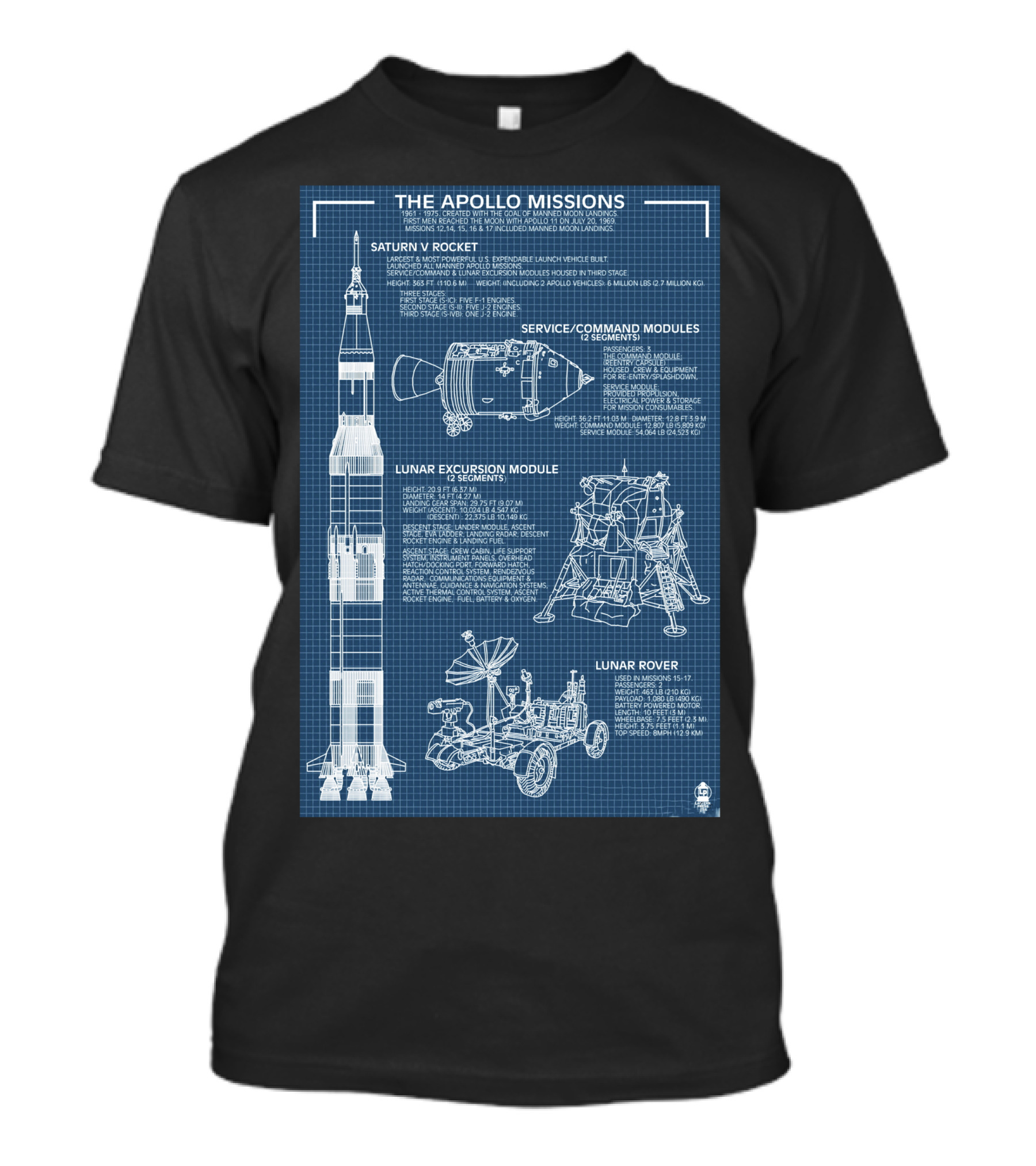 The Apollo Missions Saturn V Rocket Service Command Modules Lunar Excursion Module Rover Blueprint T-Shirt