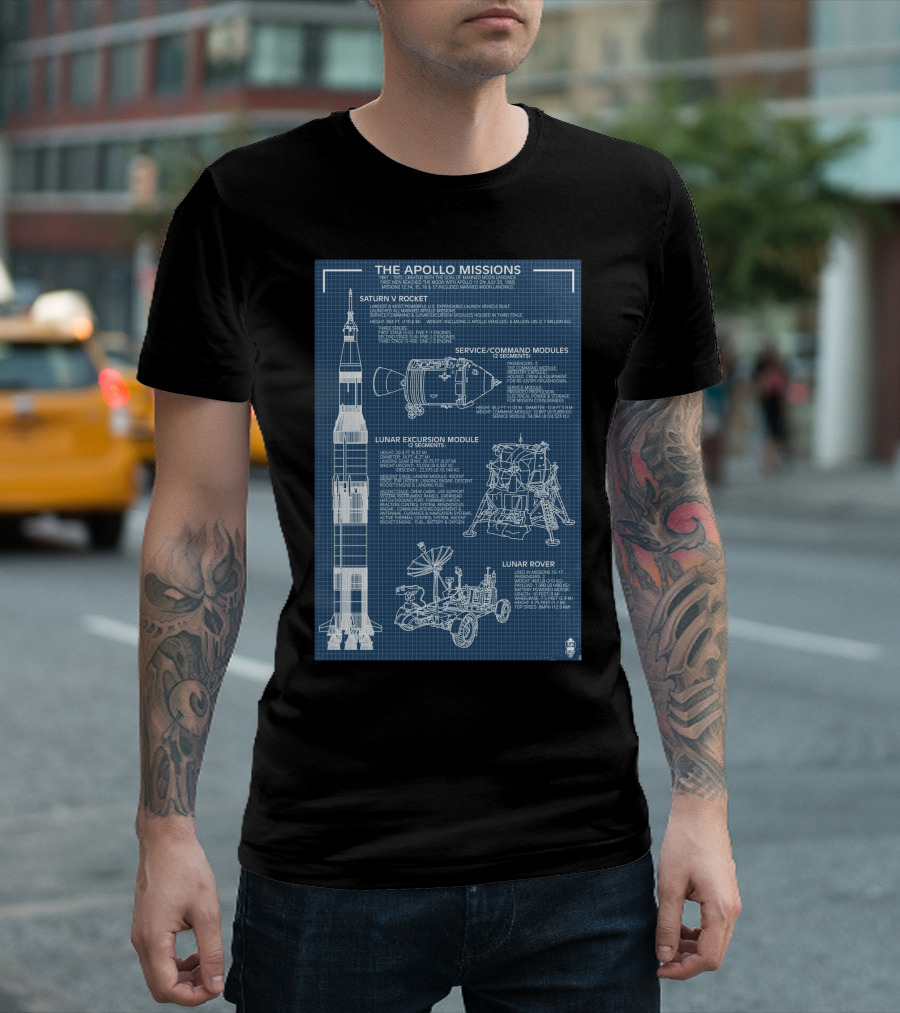 The Apollo Missions Saturn V Rocket Service Command Modules Lunar Excursion Module Rover Blueprint T-Shirt