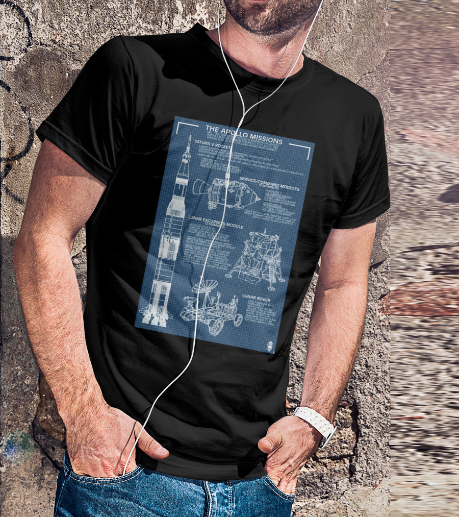 The Apollo Missions Saturn V Rocket Service Command Modules Lunar Excursion Module Rover Blueprint T-Shirt