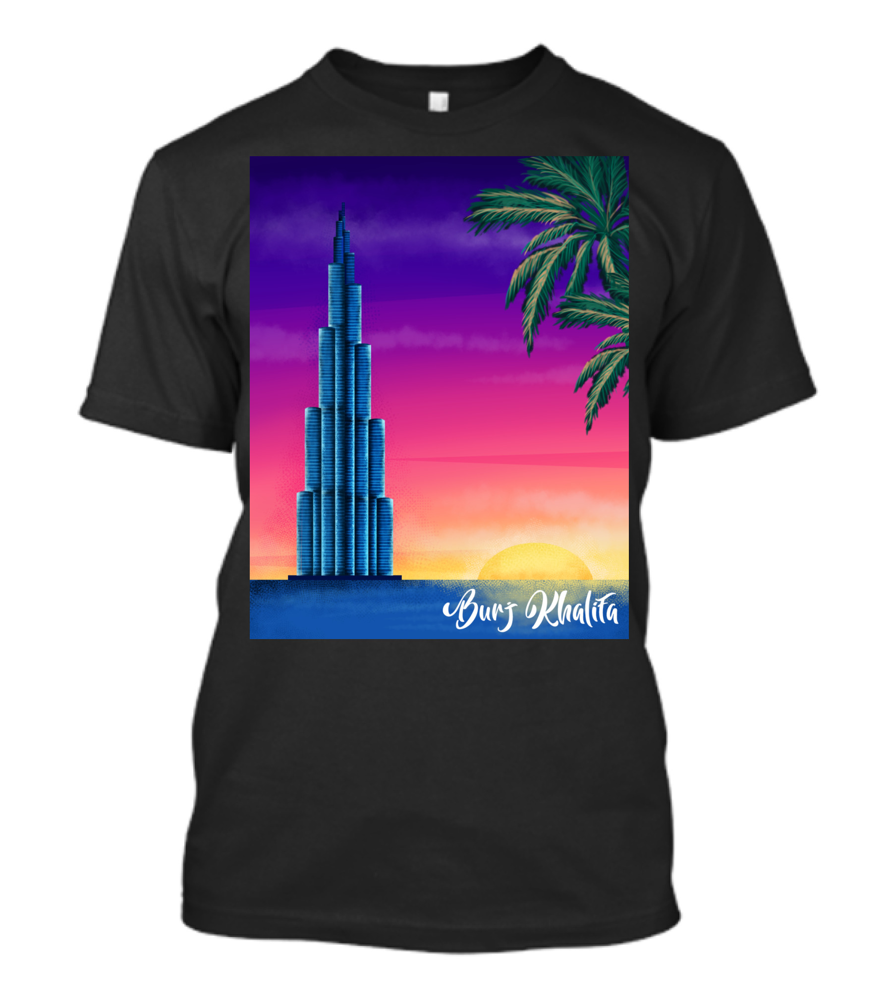 Burj Khalifa Sunset With Palm Trees And Vibrant Sky T-Shirt