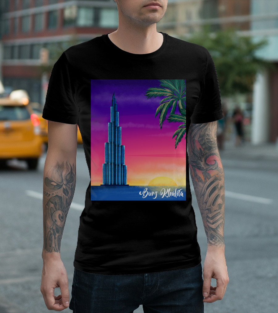 Burj Khalifa Sunset With Palm Trees And Vibrant Sky T-Shirt