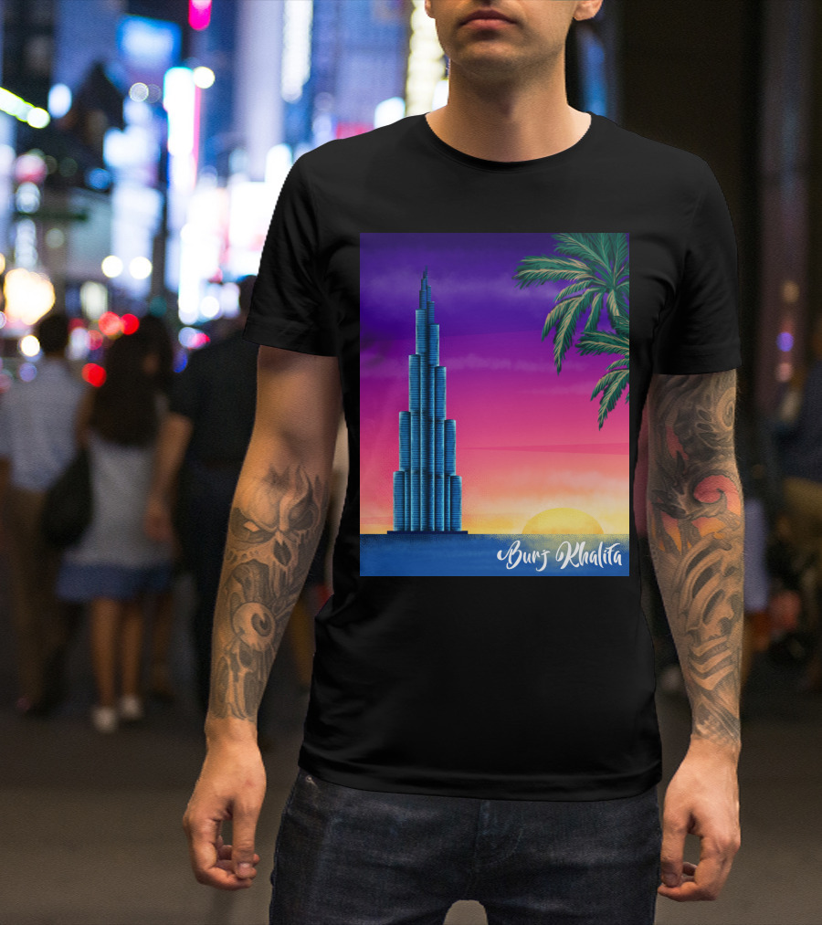 Burj Khalifa Sunset With Palm Trees And Vibrant Sky T-Shirt