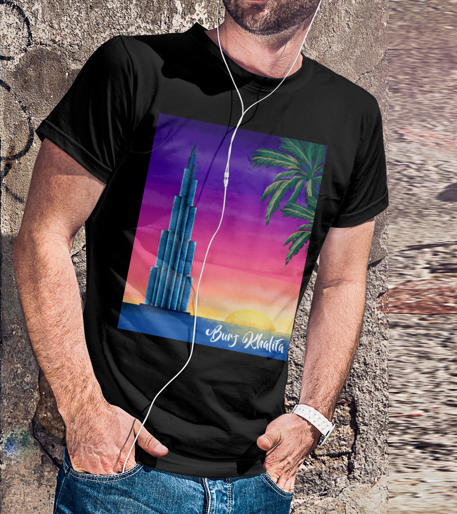 Burj Khalifa Sunset With Palm Trees And Vibrant Sky T-Shirt