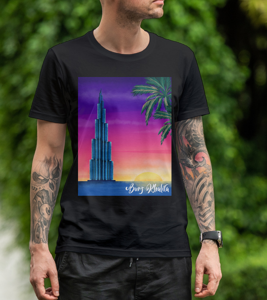 Burj Khalifa Sunset With Palm Trees And Vibrant Sky T-Shirt