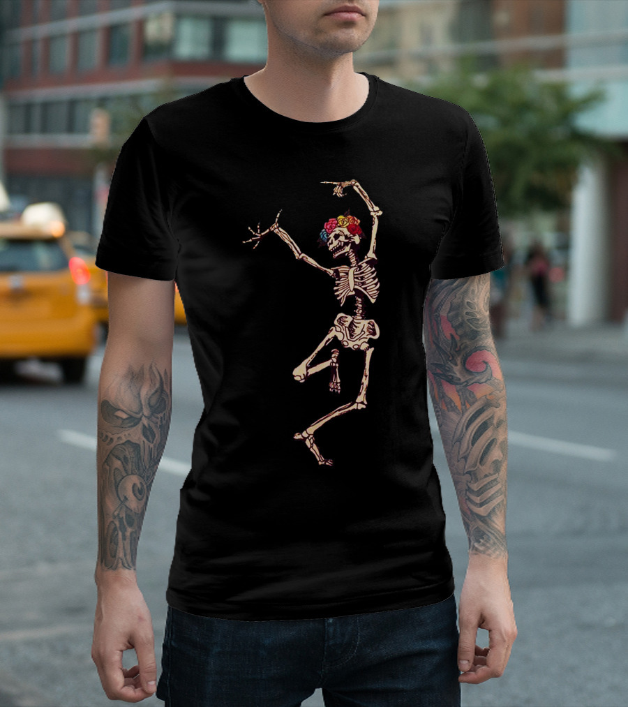 Calavera Sugar Skull Skeleton Dancing with Colorful Flower Crown T-Shirt