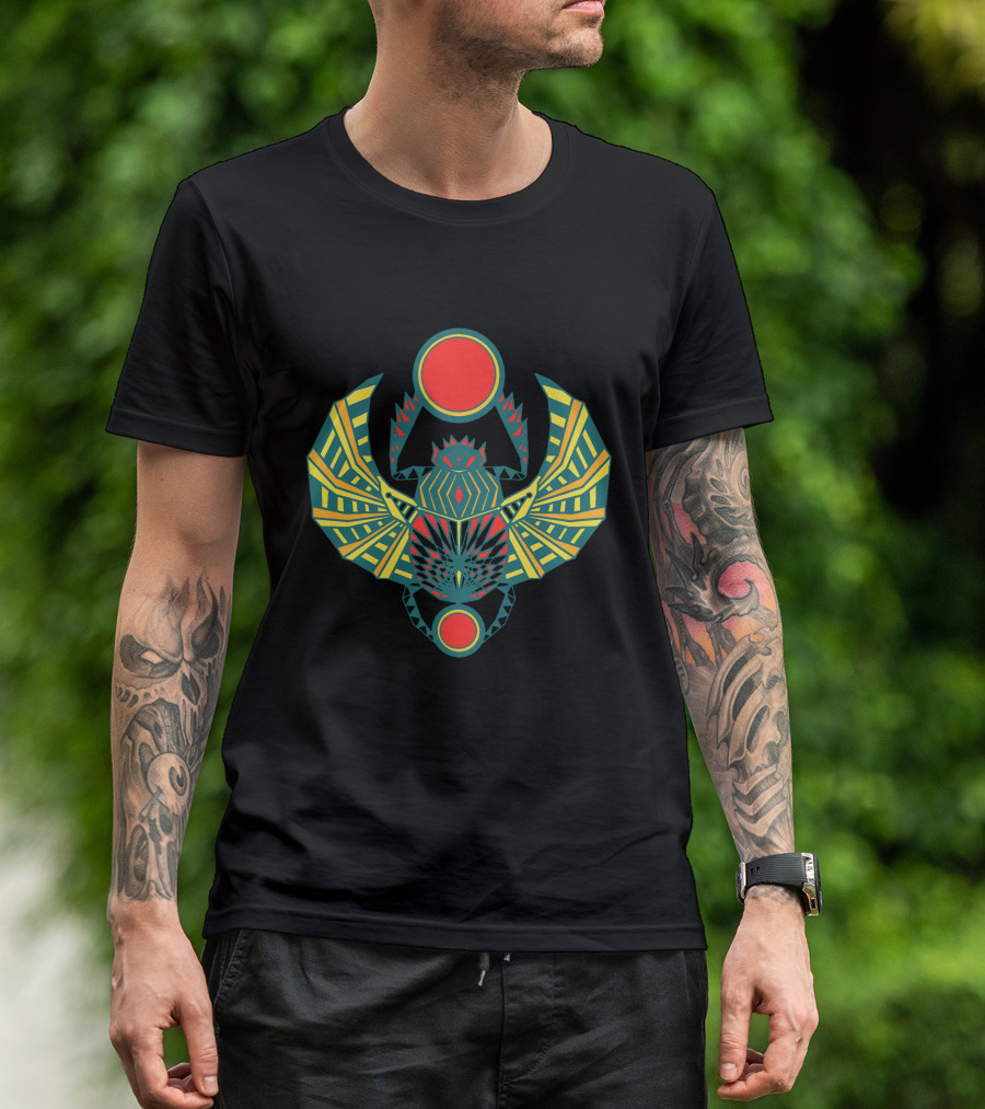 Egyptian Scarab Beetle With Vibrant Geometric Sun Disks T-Shirt