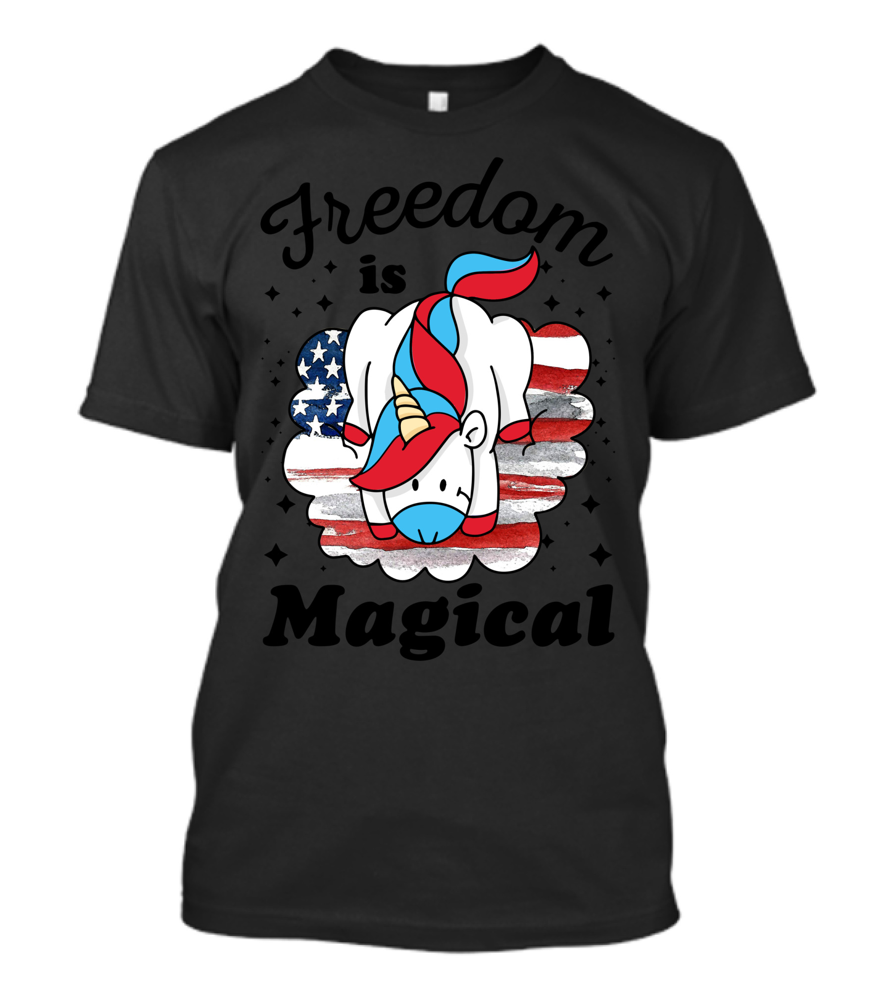 Freedom Is Magical Unicorn With American Flag Background T-Shirt