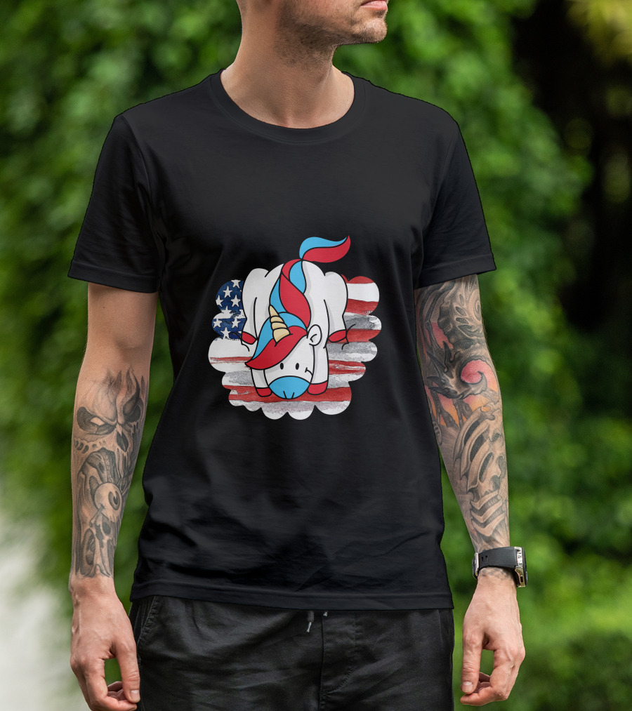 Freedom Is Magical Unicorn With American Flag Background T-Shirt