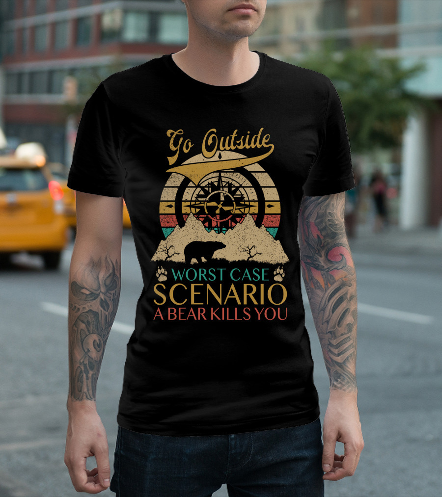 Go Outside Worst Case Scenario A Bear Kills You Retro Compass Bear Silhouette Mountains T-Shirt