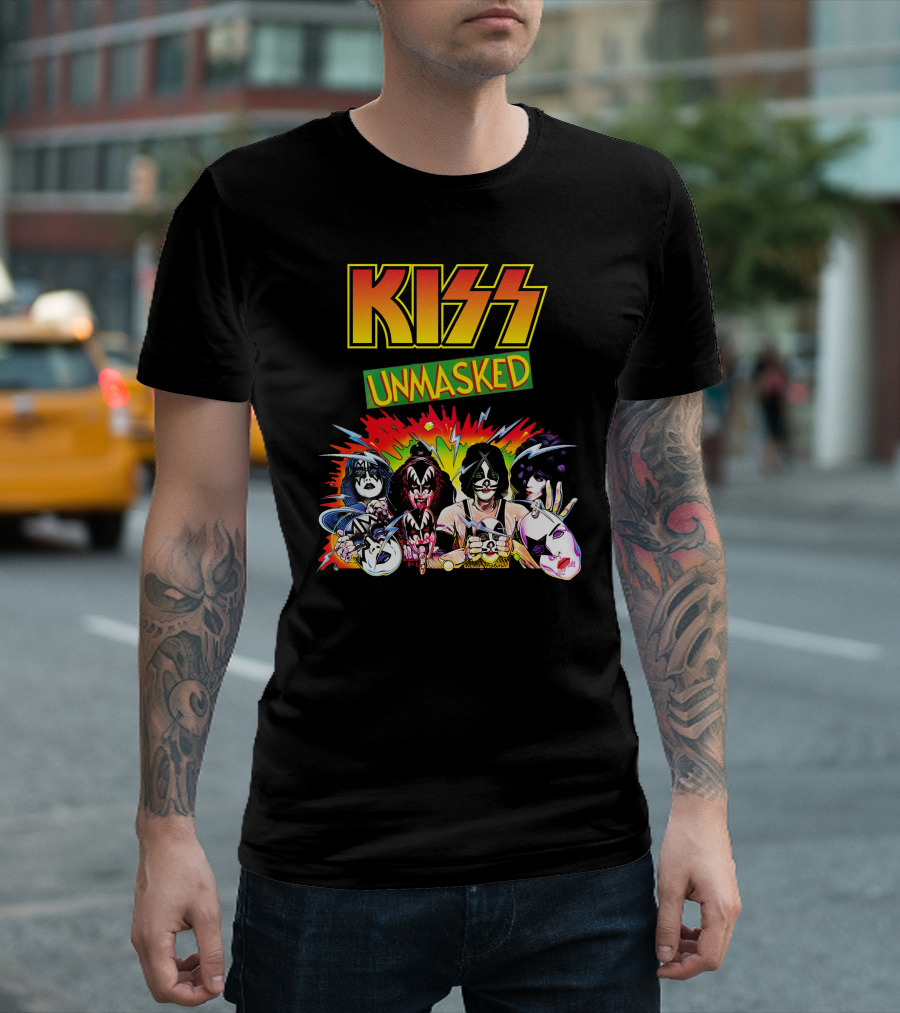 KISS Unmasked Cartoon Faces Explosive T-Shirt