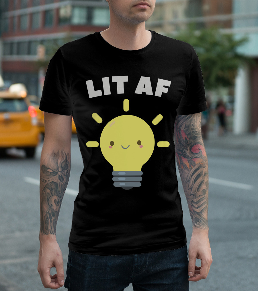 Lit AF Kawaii Light Bulb Cute Smiling Yellow Face T-Shirt