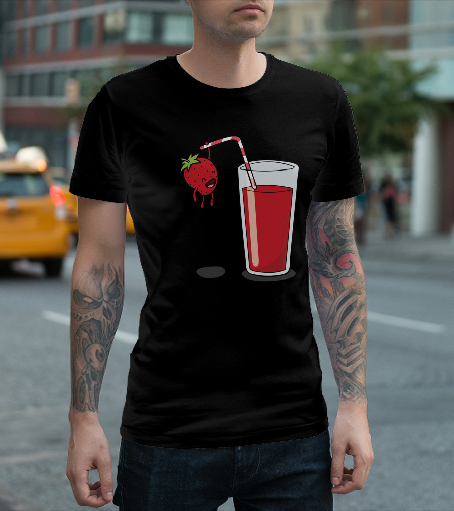 Strawberry Hanging On Red Juice Drink With Straw T-Shirt