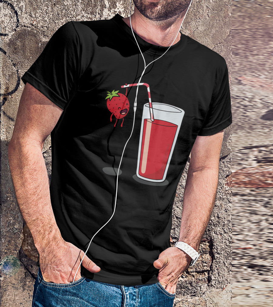 Strawberry Hanging On Red Juice Drink With Straw T-Shirt