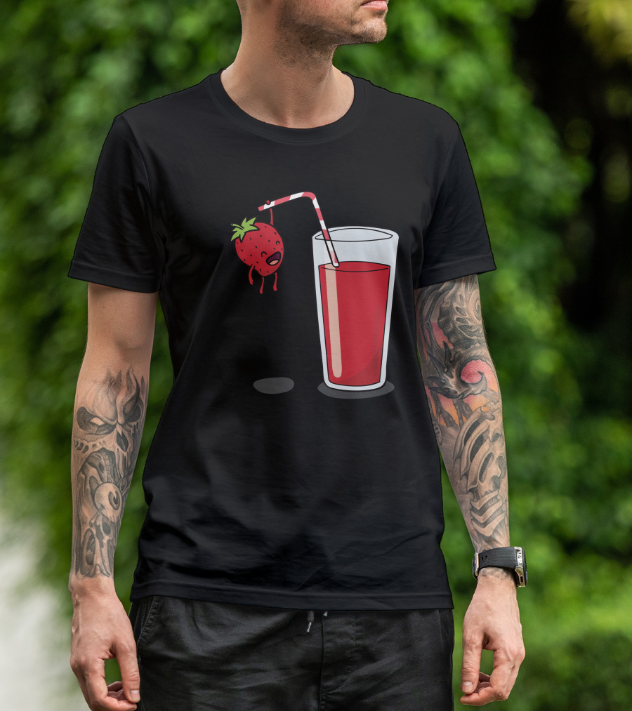 Strawberry Hanging On Red Juice Drink With Straw T-Shirt