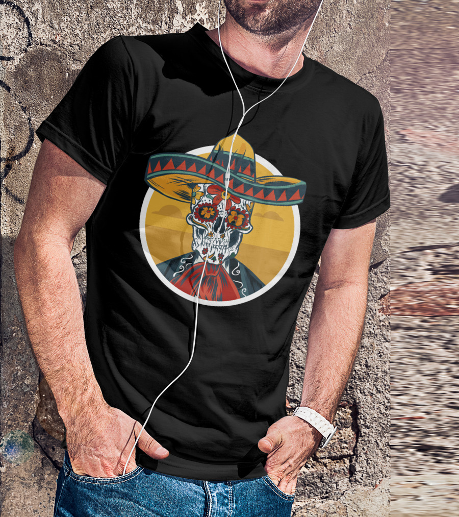 5 De Mayo Sombrero Skull With Floral Sugar Skull T-Shirt