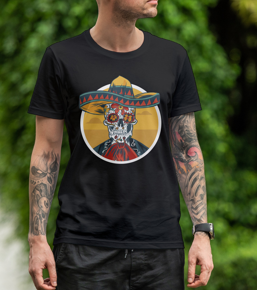 5 De Mayo Sombrero Skull With Floral Sugar Skull T-Shirt