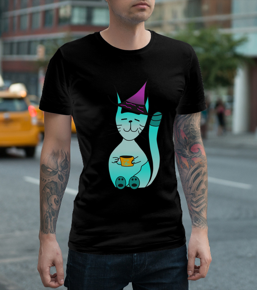 Witch Cat with Coffee Cup and Purple Hat T-Shirt