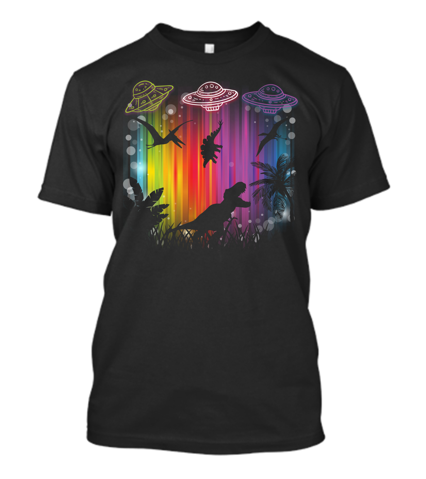 UFO Dinosaur Jungle Silhouettes With Neon Spacecraft And Tropical Background T-Shirt
