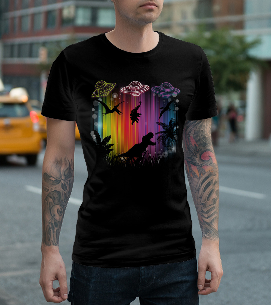 UFO Dinosaur Jungle Silhouettes With Neon Spacecraft And Tropical Background T-Shirt
