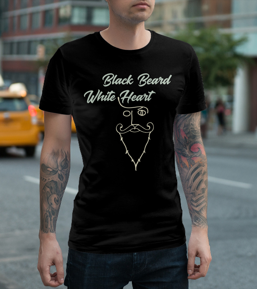Black Beard White Heart Line Art Face T-Shirt