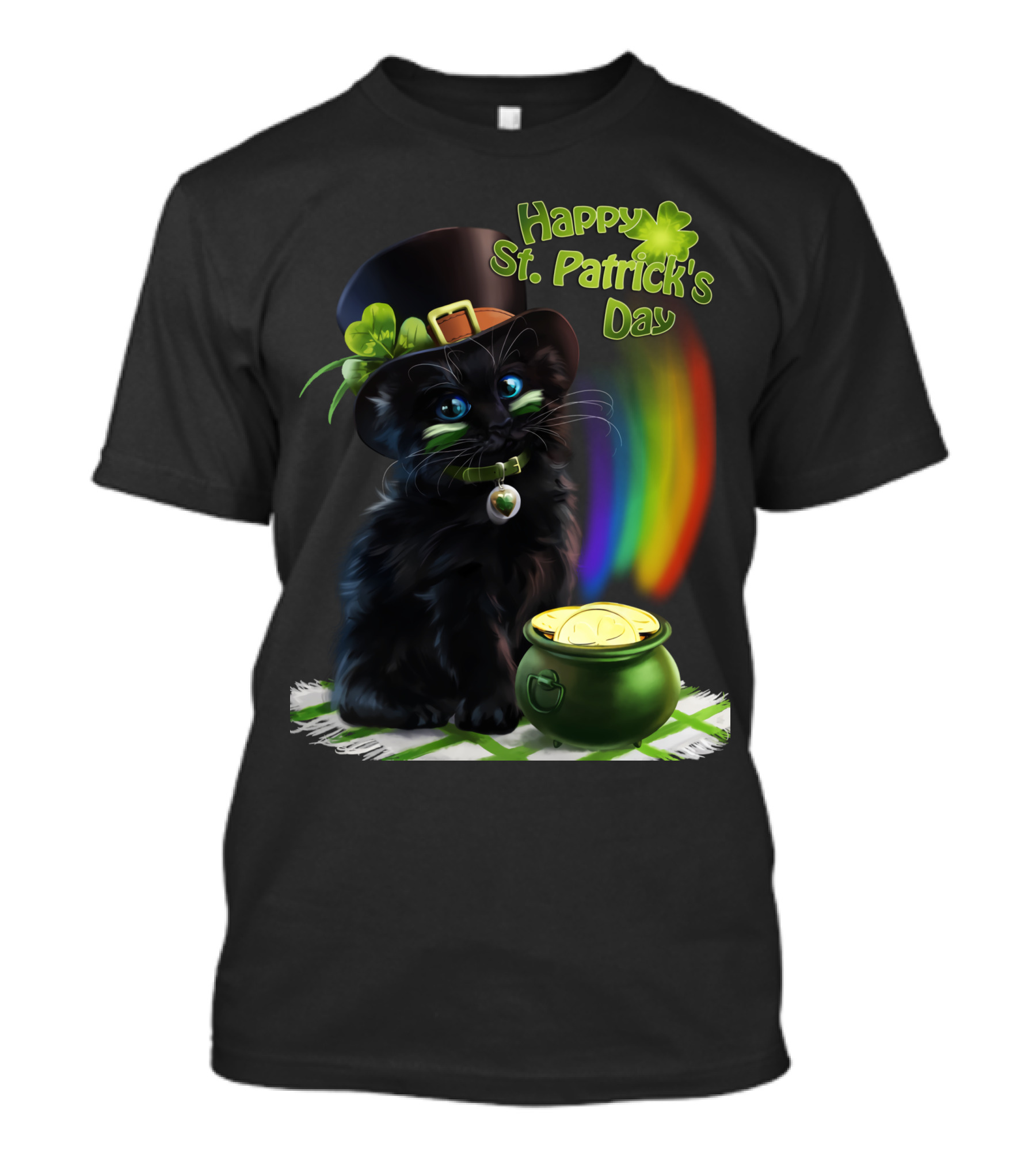 Happy St. Patrick's Day Black Cat With Pot Of Gold And Rainbow T-Shirt