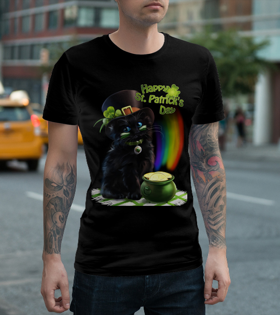Happy St. Patrick's Day Black Cat With Pot Of Gold And Rainbow T-Shirt