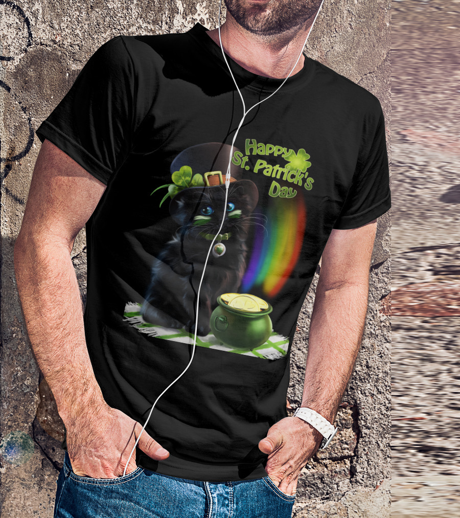 Happy St. Patrick's Day Black Cat With Pot Of Gold And Rainbow T-Shirt
