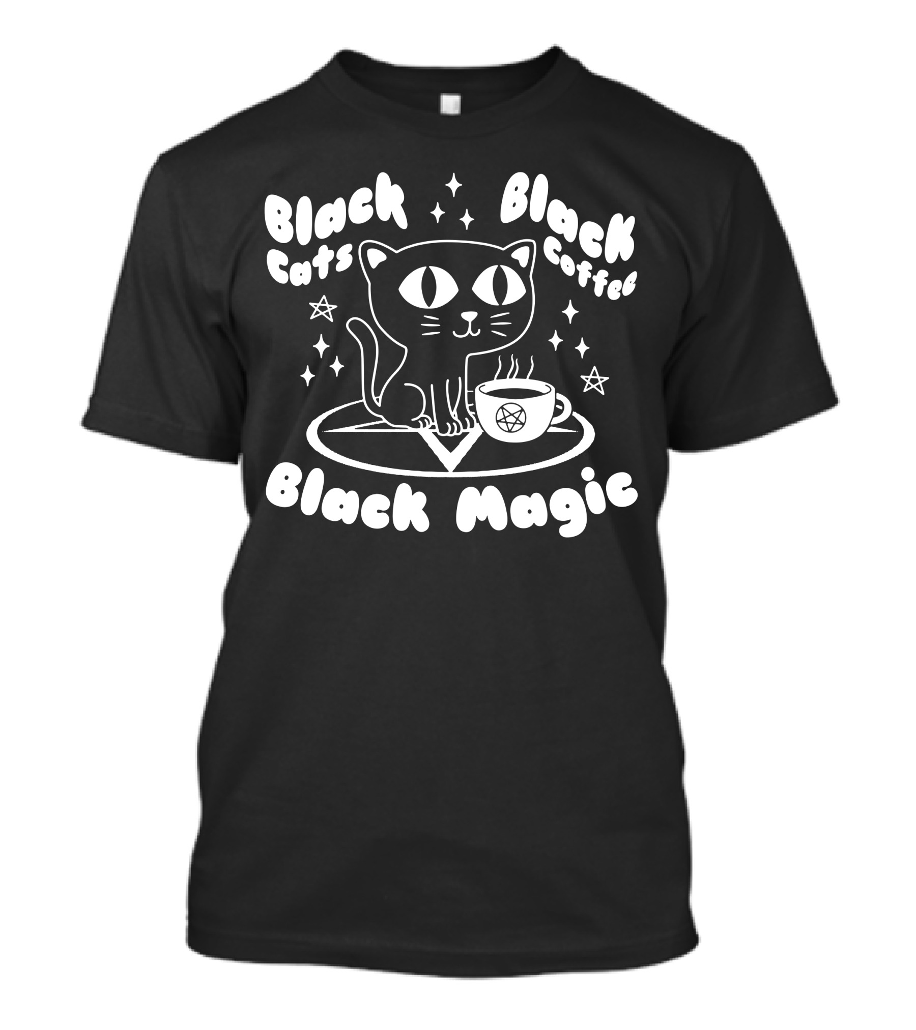 Black Cats Black Coffee Black Magic Funny Goth Cat Pentagram Stars T-Shirt