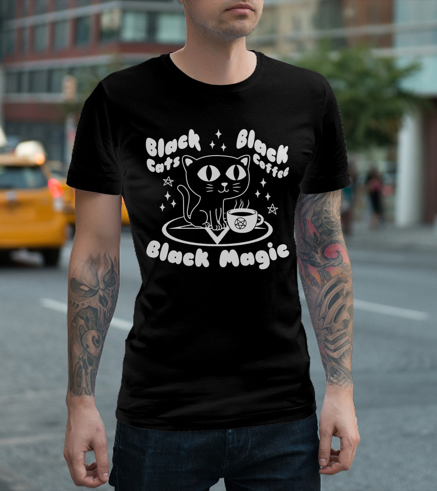 Black Cats Black Coffee Black Magic Funny Goth Cat Pentagram Stars T-Shirt