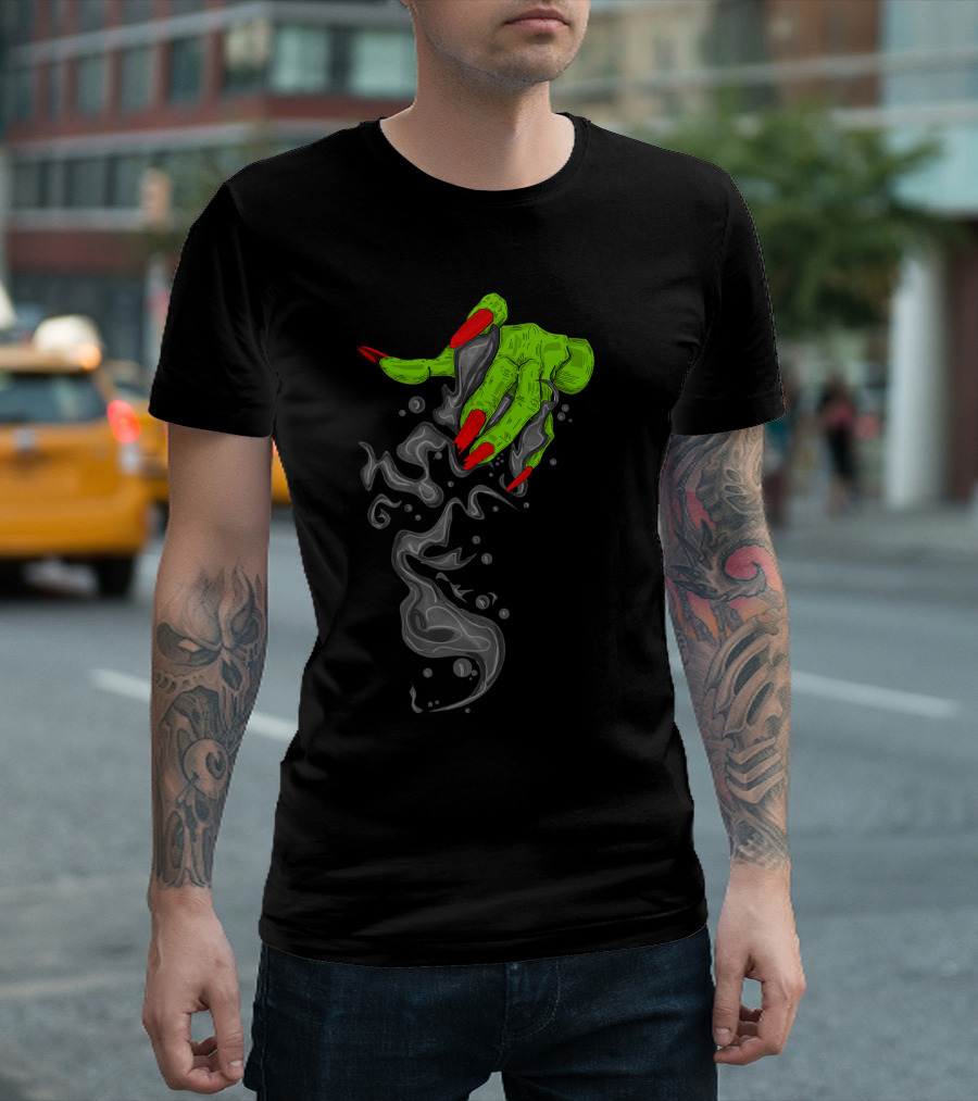 Green Hand with Red Nails and Grey Smoke T-Shirt