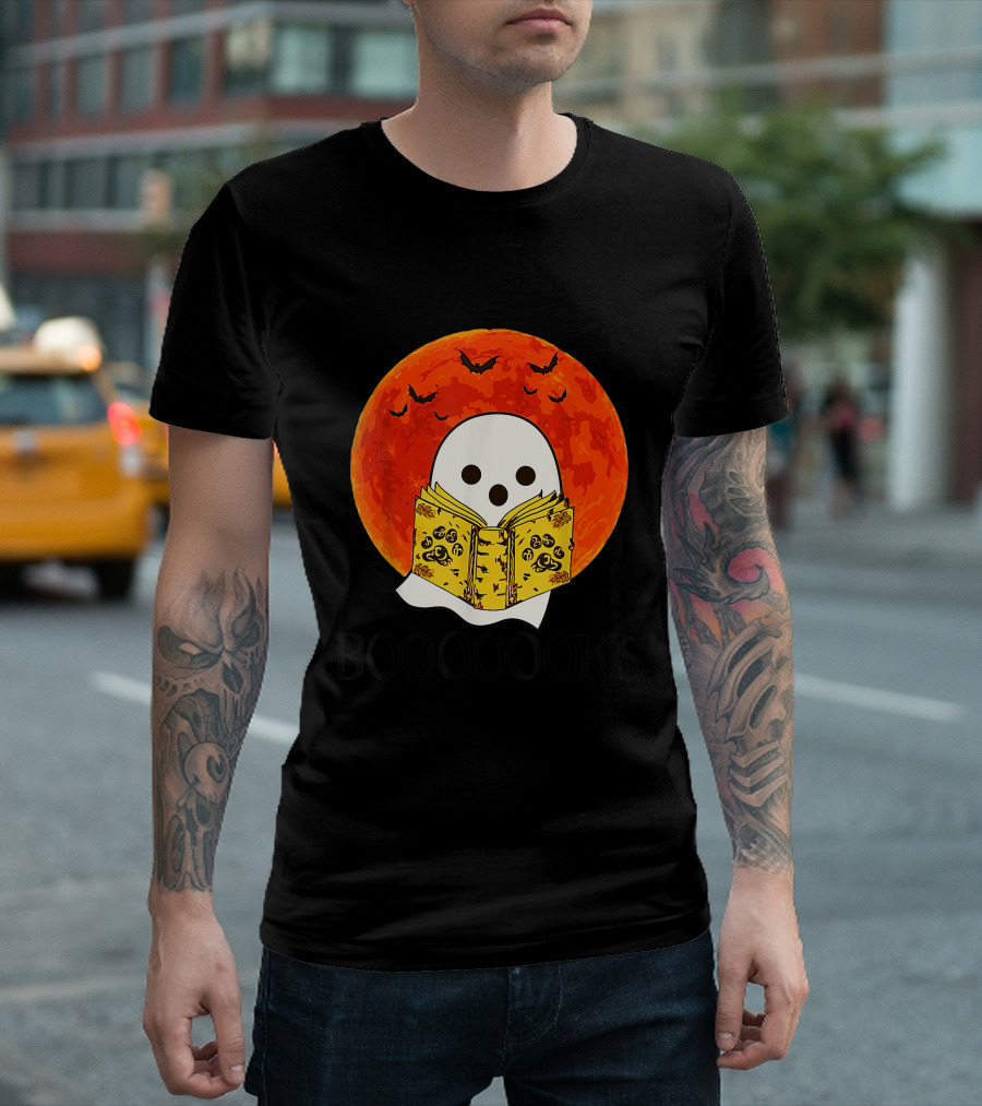 Booooooks Halloween Ghost Reading by Full Orange Moon with Bats T-Shirt