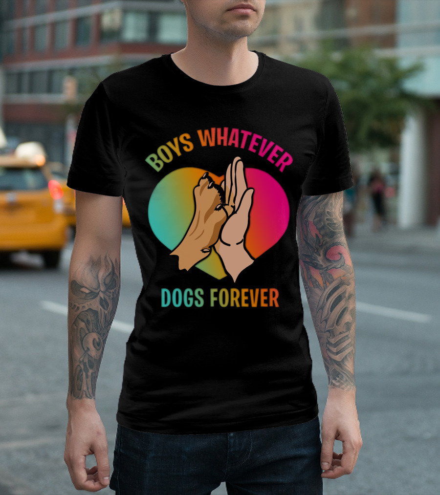 BOYS WHATEVER DOGS FOREVER Rainbow Paw Hand Heart T-Shirt