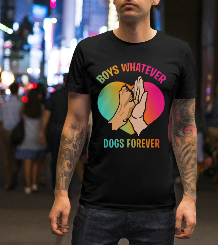 BOYS WHATEVER DOGS FOREVER Rainbow Paw Hand Heart T-Shirt