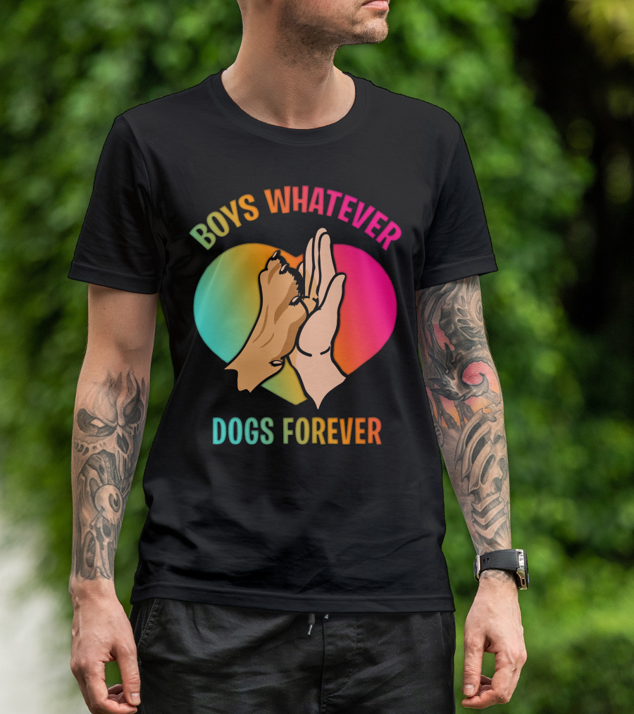 BOYS WHATEVER DOGS FOREVER Rainbow Paw Hand Heart T-Shirt