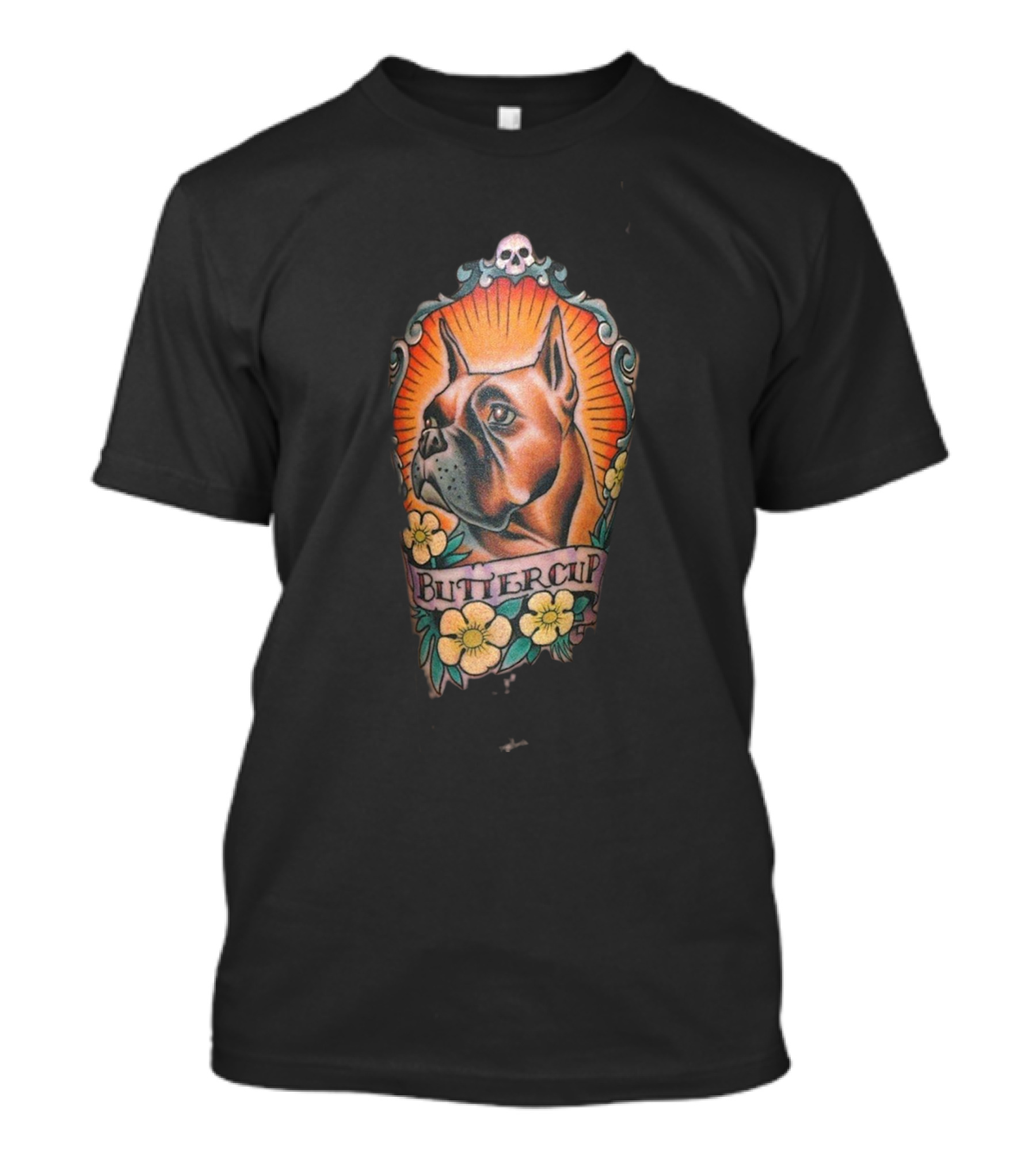 Butter Cup Boxer Dog With Skull And Flowers T-Shirt