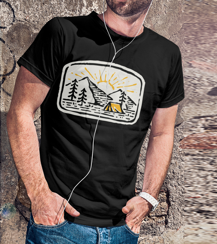 Camp Hand Drawn Sun Over Mountains And Tent T-Shirt