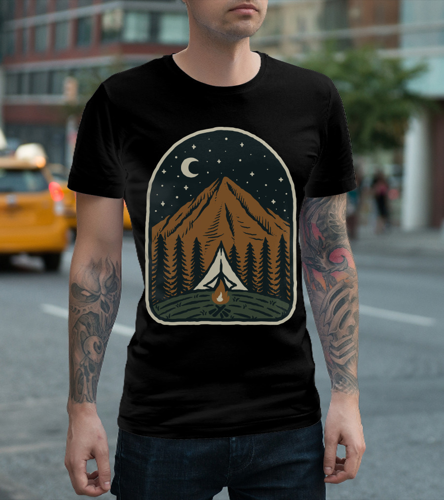 Campfire Under Starry Mountain Night With Moon And Tent In Woods T-Shirt