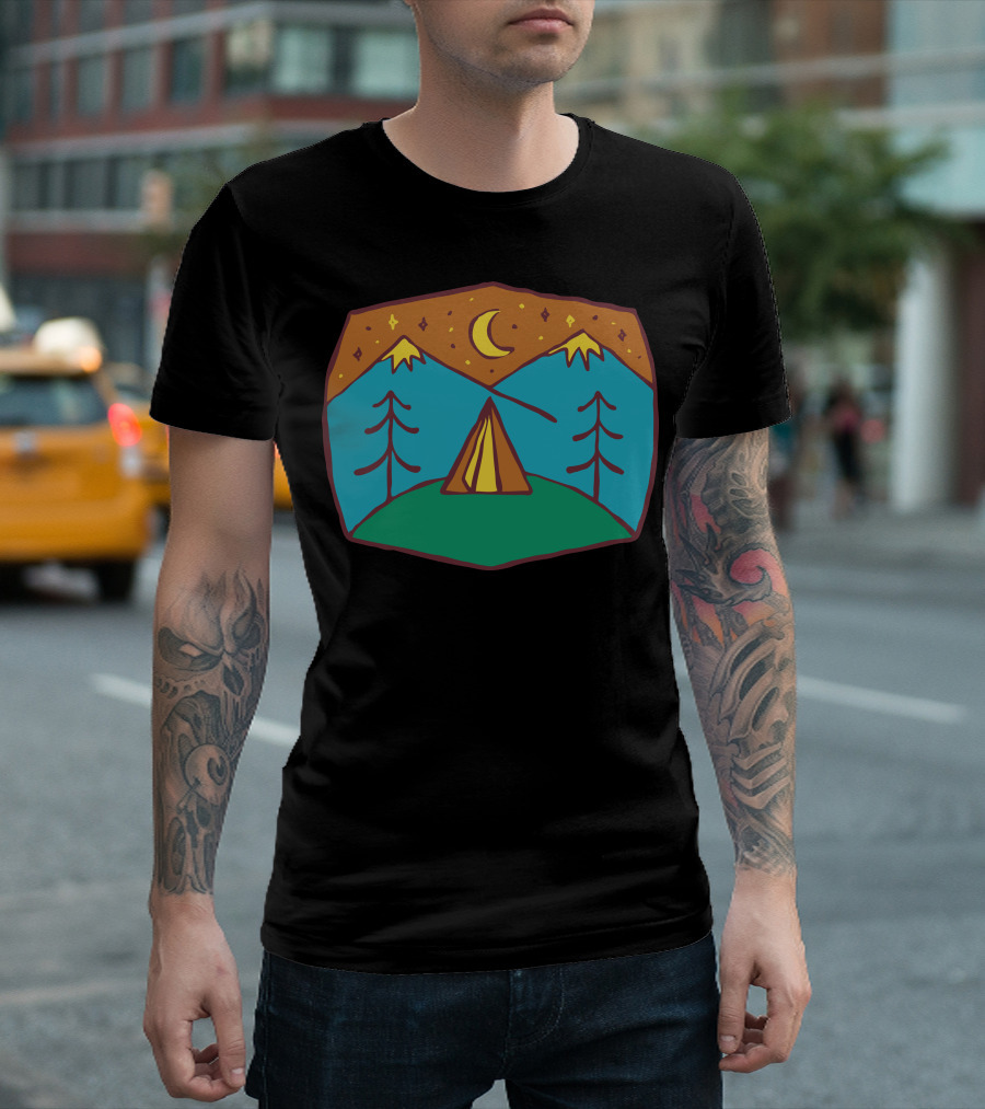 Camp Night Under Crescent Moon with Mountains and Trees T-Shirt