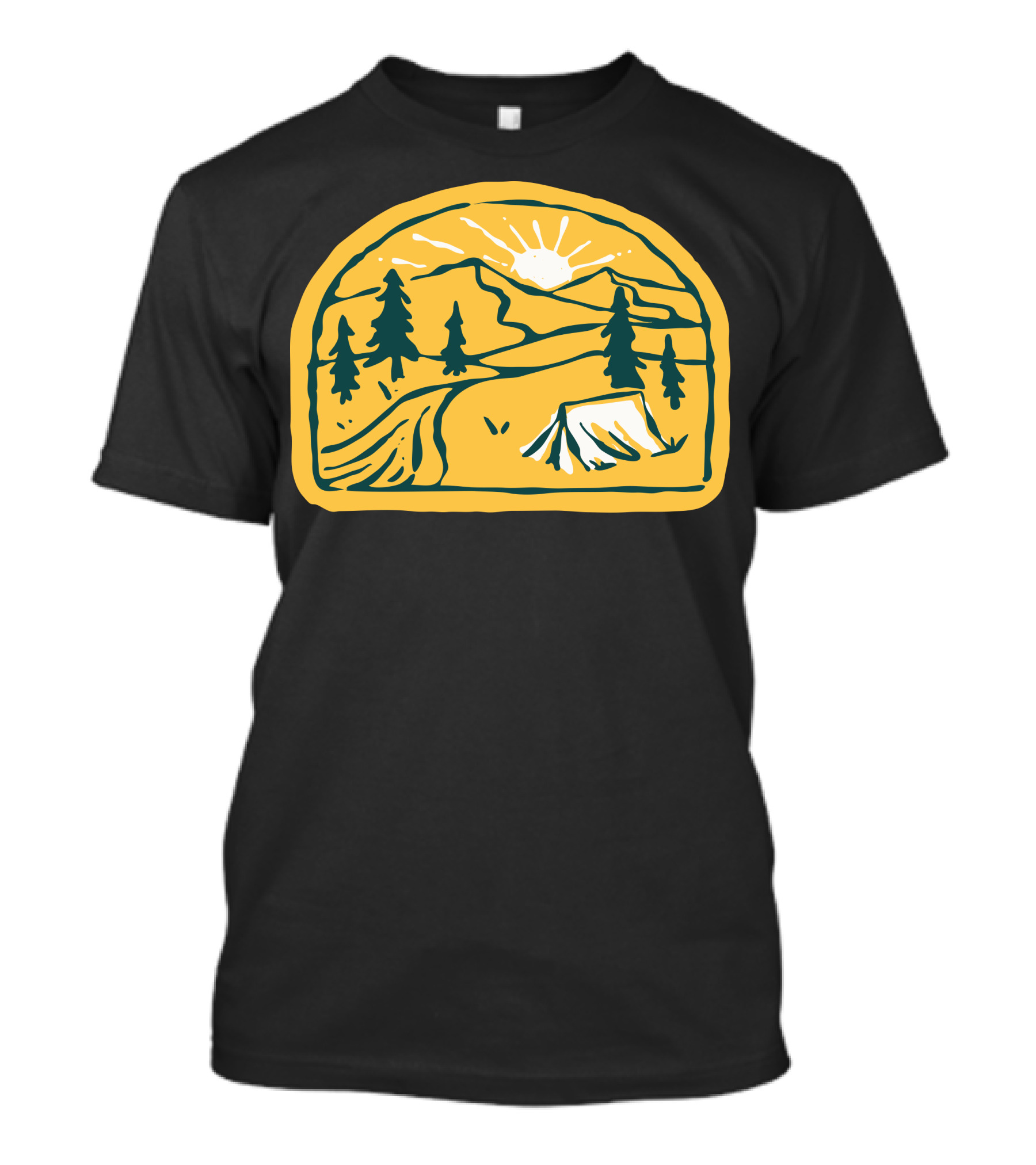 Camp River Hand Drawn Tent Mountain Sunset Pines T-Shirt
