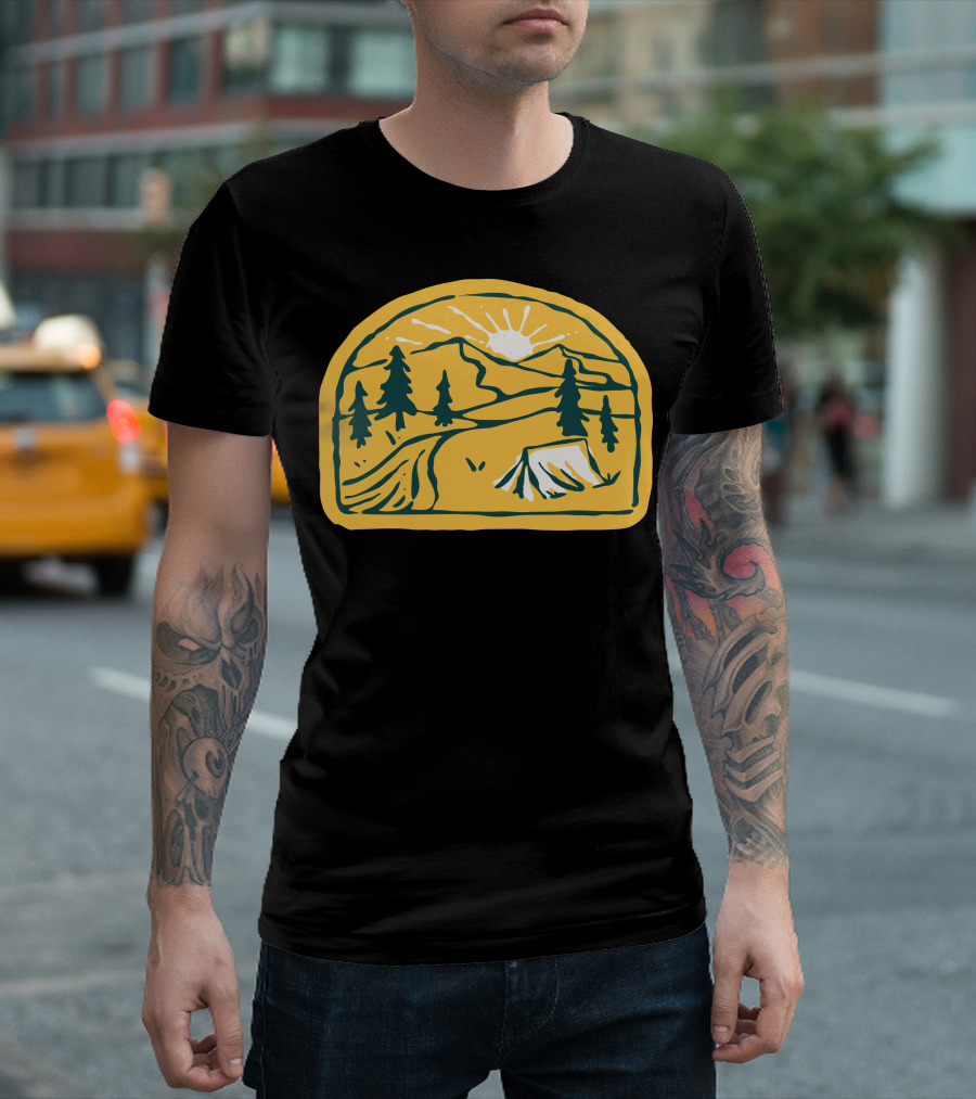 Camp River Hand Drawn Tent Mountain Sunset Pines T-Shirt